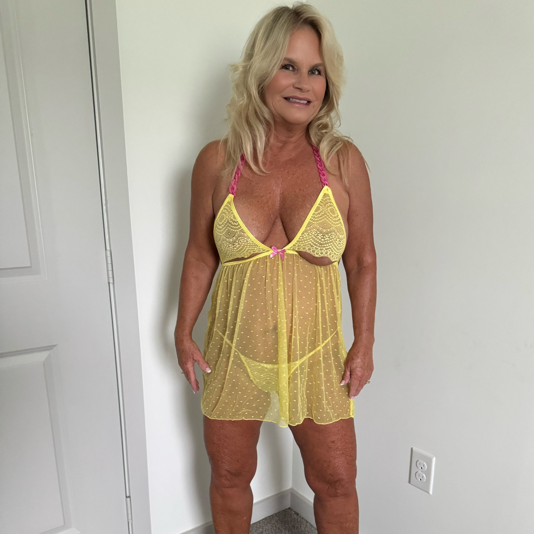 Sheer yellow and pink babydoll with thong bottom